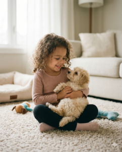 גור כלבים קטן משחק עם ילדה קטנה בסלון.